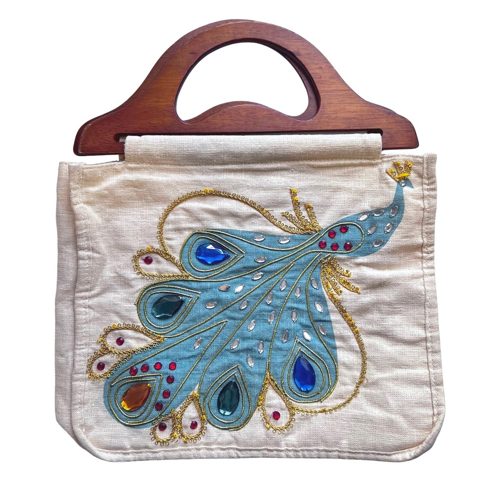Vintage Peacock Wooden‎ Handle Bag Jewel Applique Purse Enid Collins Style
